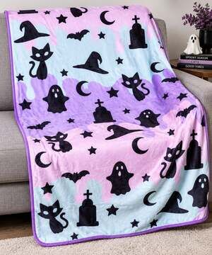 Halloween Throw Blanket 60" X 48" - Soft Ghost Black Cat Witch Cozy Plush New